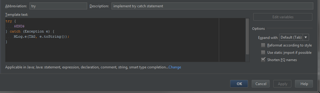 Android Studio Live Templates Usage Examples